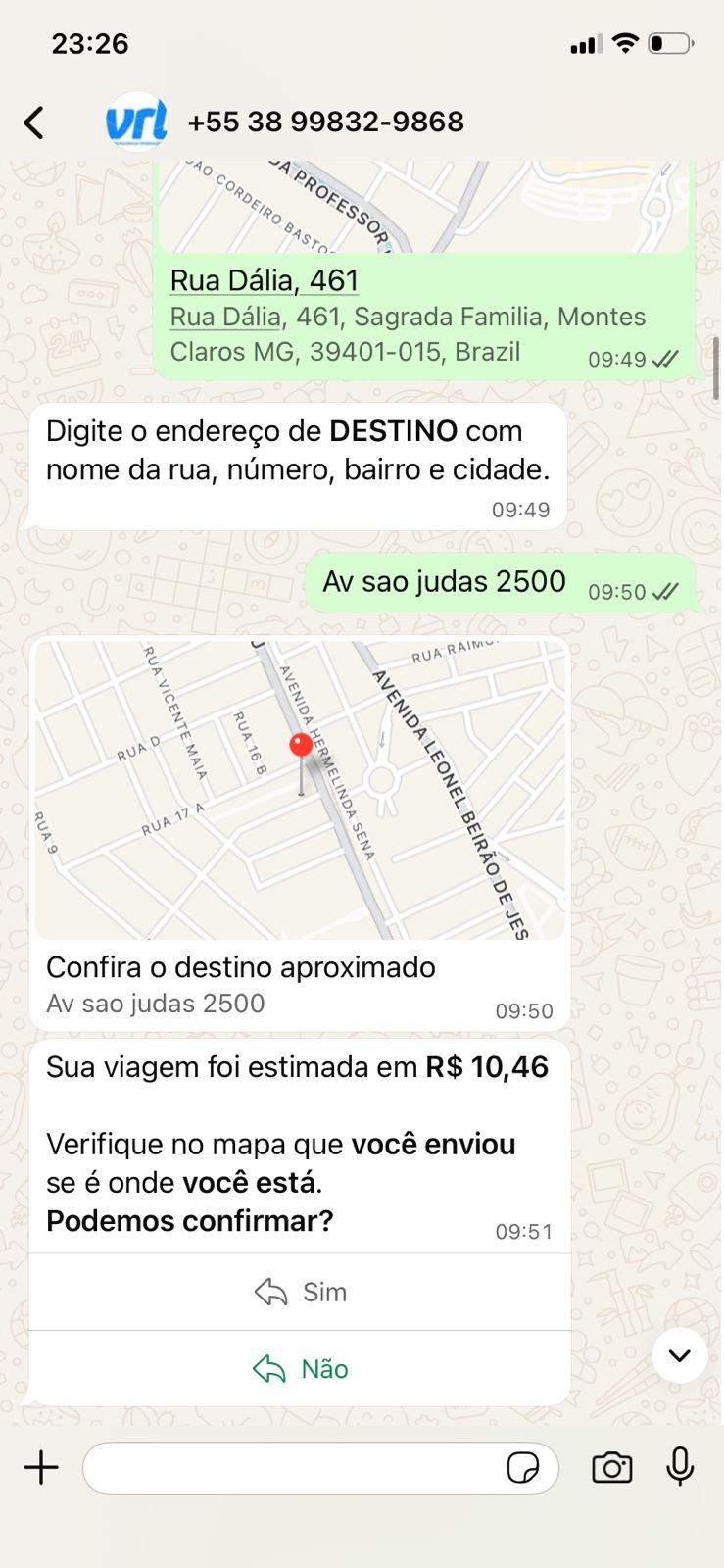 WhatsApp do cliente solicitando corrida - print 2